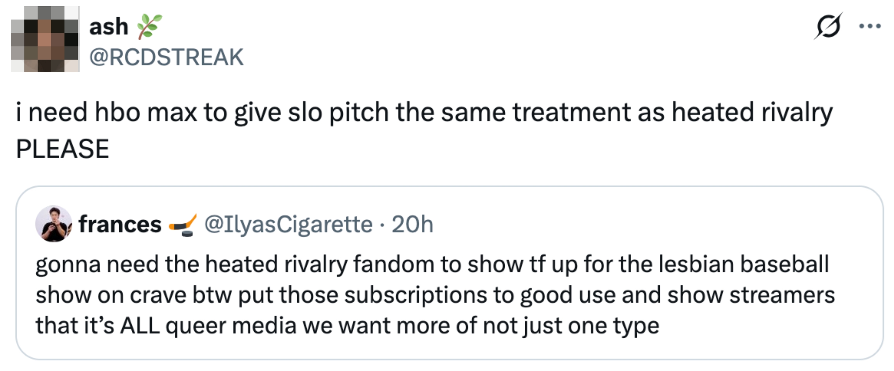 Tweet av Ash som uttrykker ønske om at HBO Max skal promotere 
