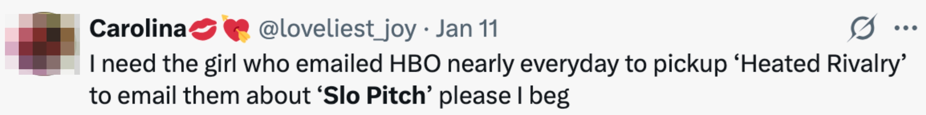 Tweet som ber noen om å sende en e-post til HBO om å plukke opp et show med tittelen 