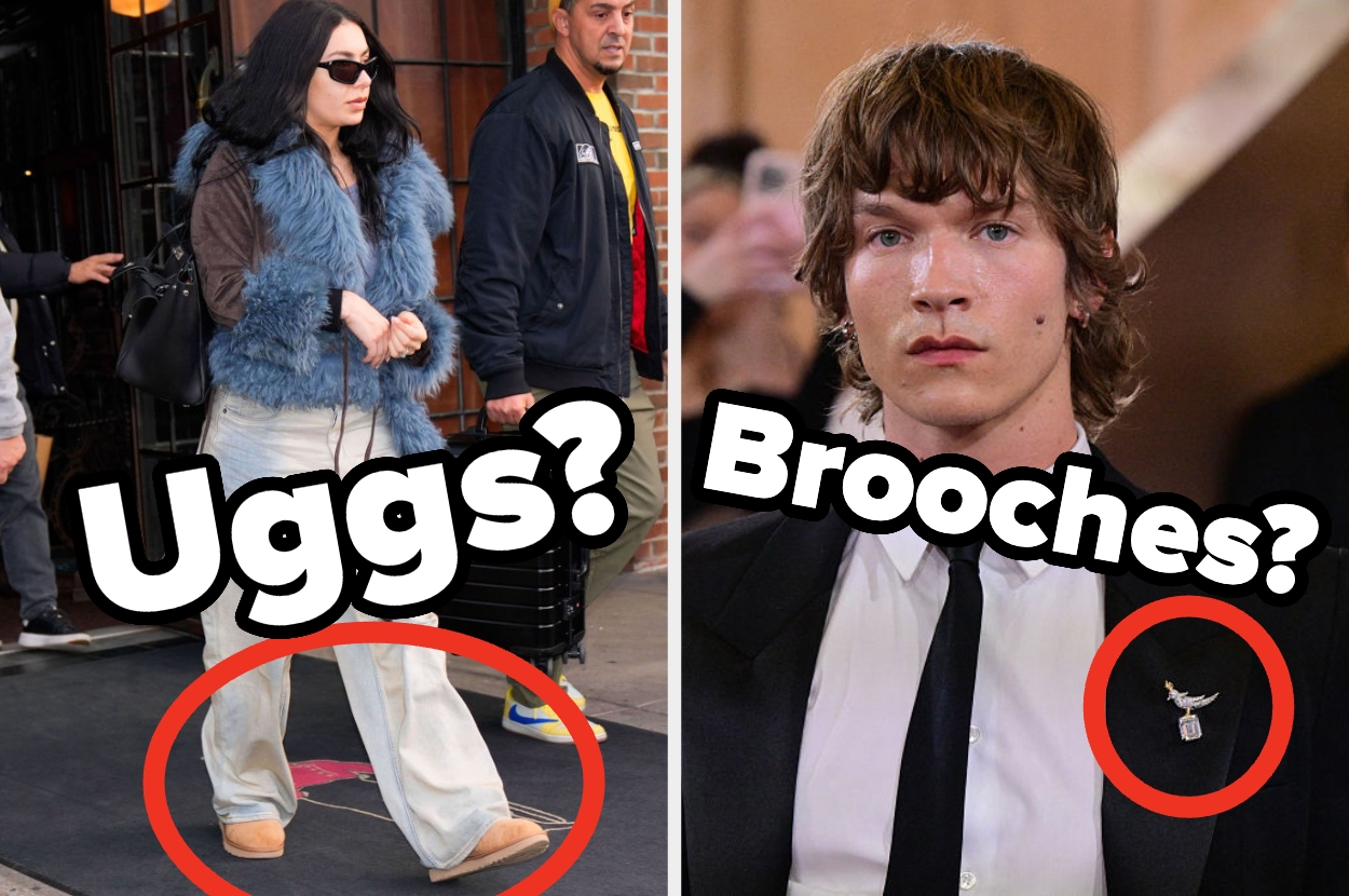 Charli XCX on left wearing fuzzy vest and Ugg boots; Connor Storrie on right in formal suit with a brooch. Text reads "Uggs?" "Brooches?"