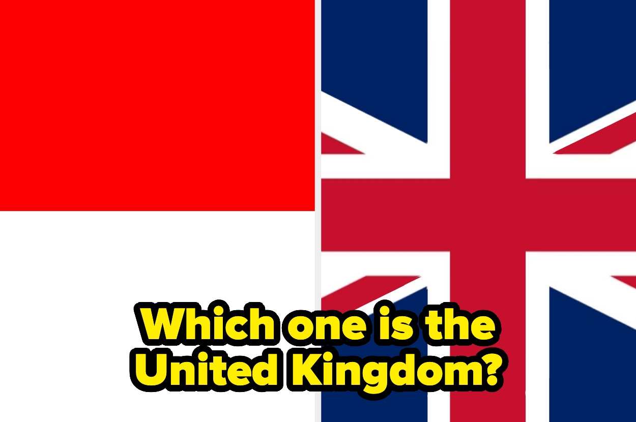 Indonesian flag on the left, UK flag on the right. Caption asks which one is the United Kingdom