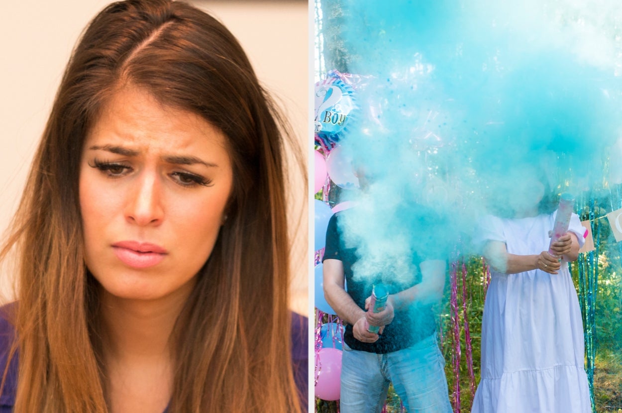 A woman looks concerned on the left; on the right, two people reveal a "boy" gender using blue powder at a party