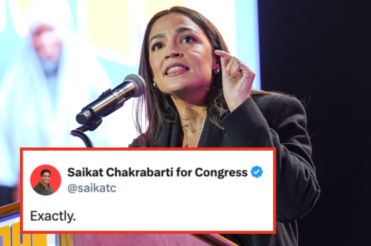 Person speaking passionately at a podium; tweet overlay reads, "Saikat Chakrabarti for Congress: Exactly."