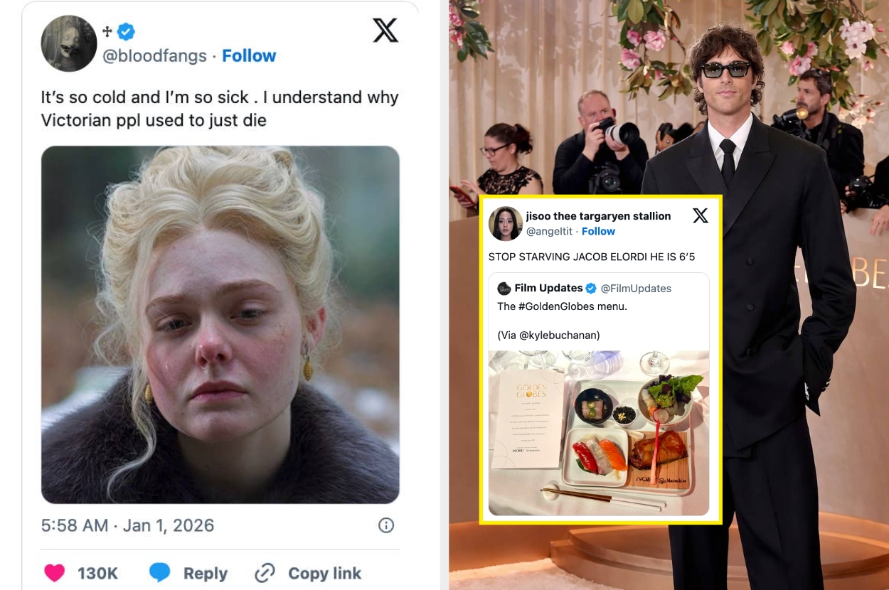 Left: A person looking unwell with a humorous tweet about Victorian people. Right: A photo of a formal event with an inserted tweet about a menu and height comment