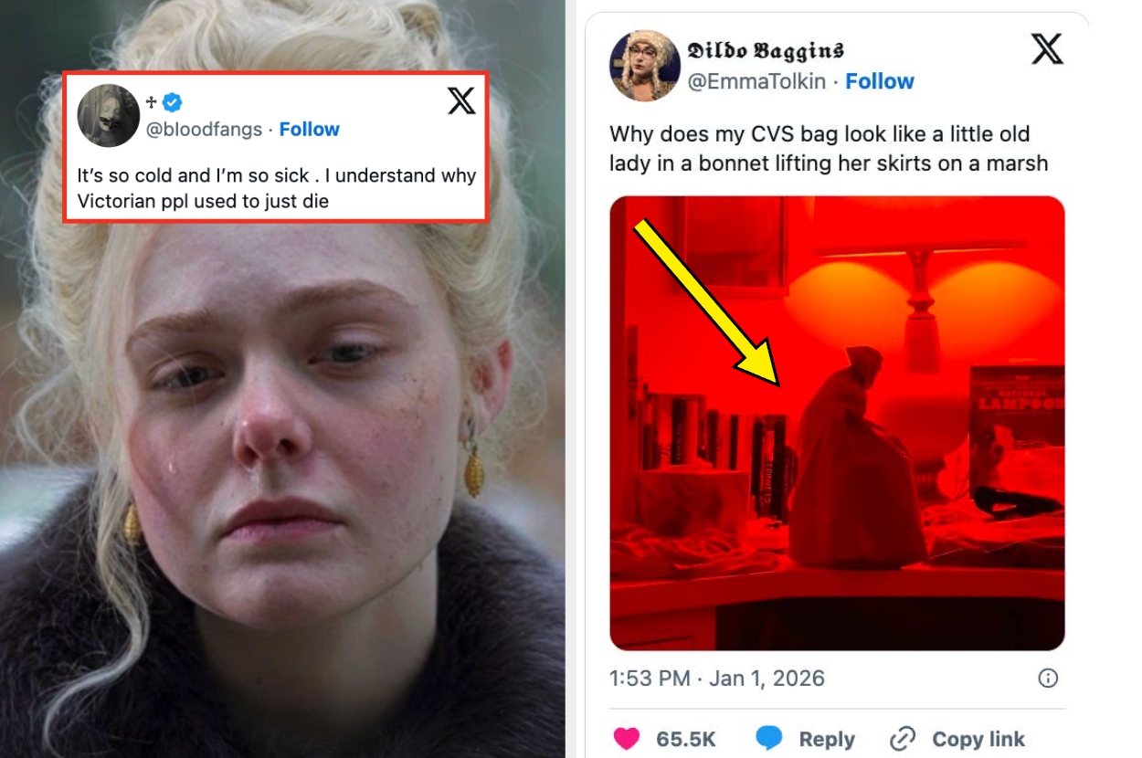 Split image of a woman with teary eyes and a tweet. Tweet text: "It's so cold and I'm so sick. I understand why Victorian ppl used to just die." Image of a bag resembling a lady in a bonnet with a tweet. Tweet text: "Why does my CVS bag look like a little