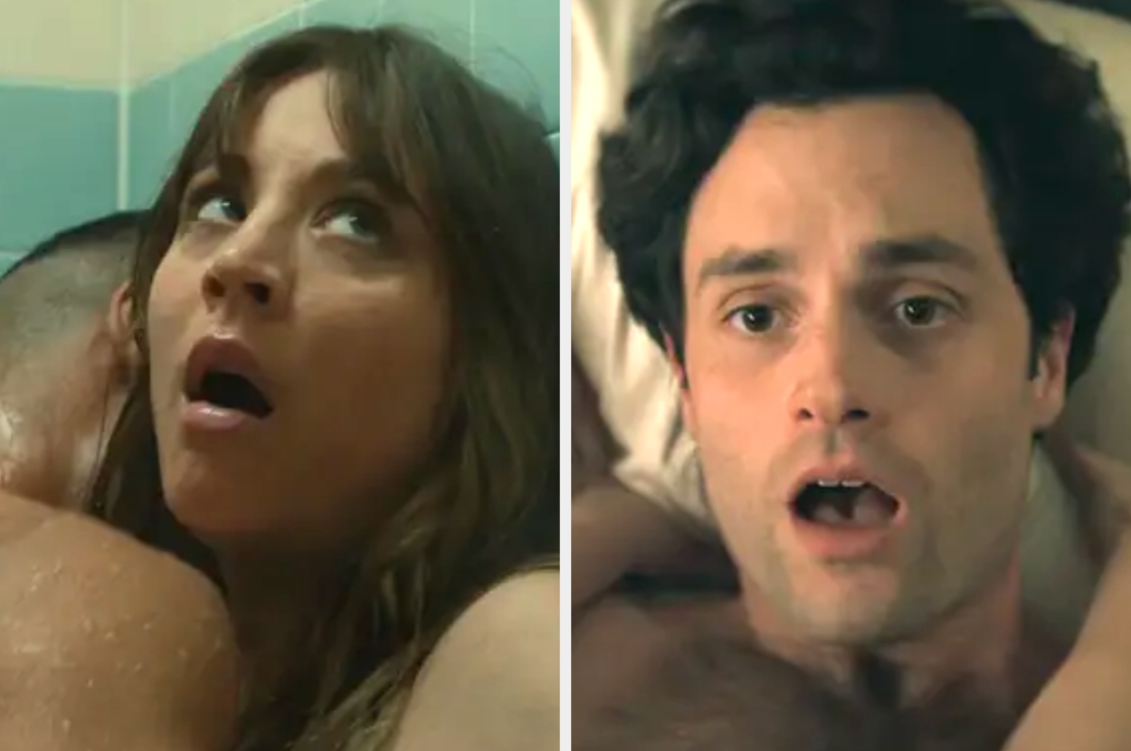 A scene from a show or film featuring two people in an intimate moment, with surprised expressions on their faces