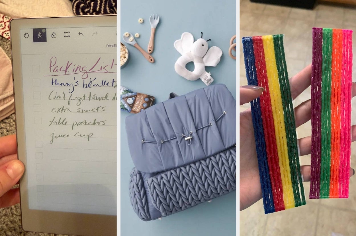 From left to right: a packing list on a tablet, a quilted bag with baby items, and two rainbow chew toys