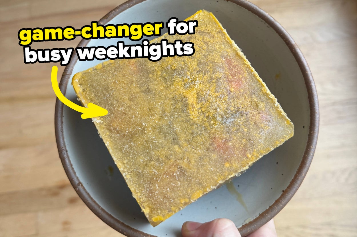 Frozen soup block labeled "game-changer" in a bowl