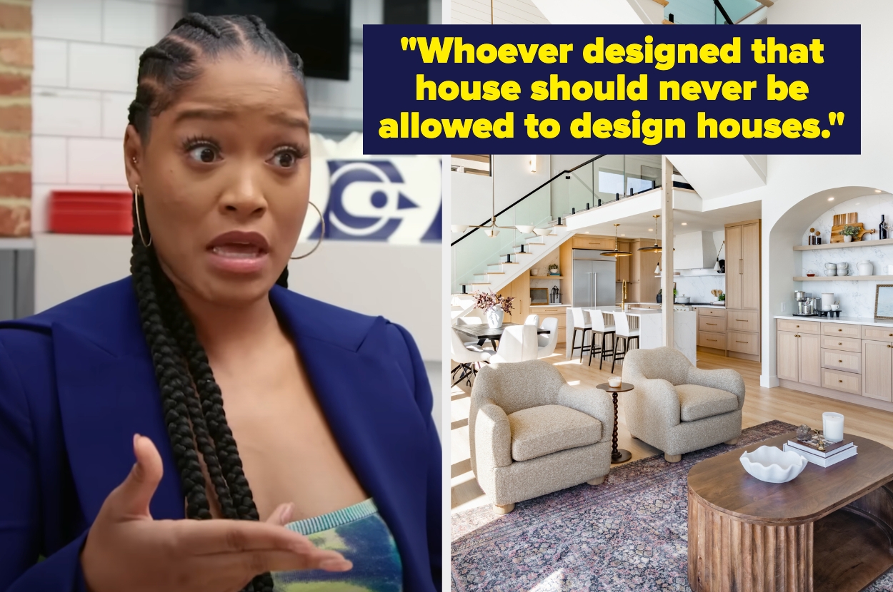Person reacting to a modern, open-concept home interior with a quote: "Whoever designed that house should never be allowed to design houses."