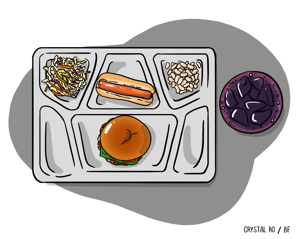 Lunch tray with a burger, hot dog, fries, beans, and a drink cup on the side
