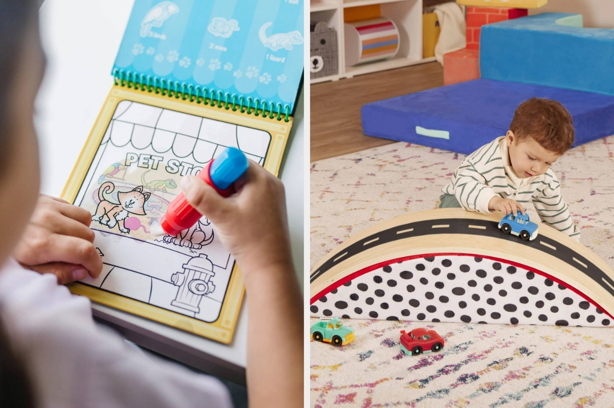 Child colors a pet-themed book; another plays with toy cars on a roadway set in a playroom, showcasing kids' educational and playtime products