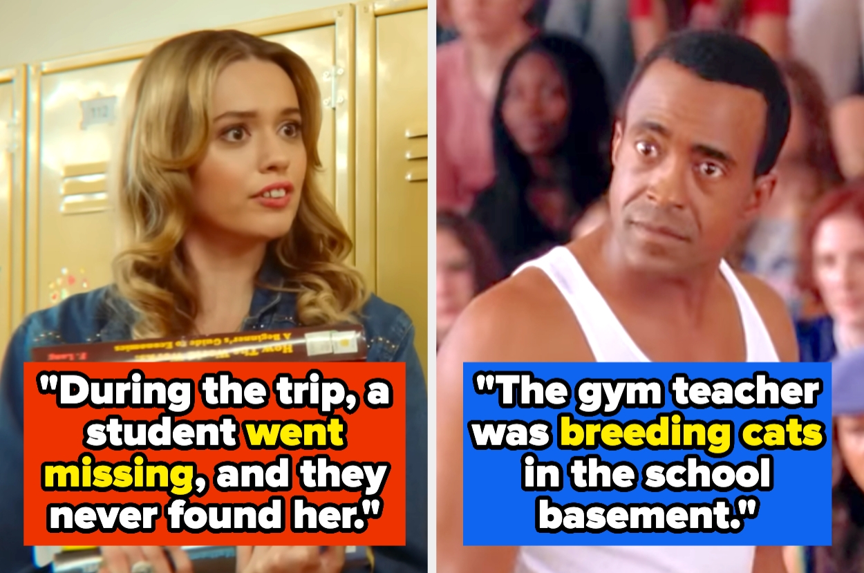 Split image: Left shows a concerned woman holding books with text about a missing student. Right shows a man in a tank top with text about a gym teacher breeding cats