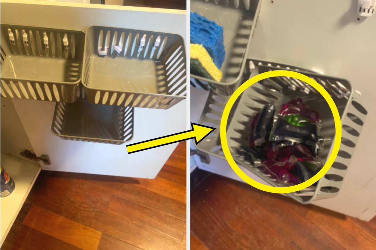 Metal baskets mounted on a wall, shown empty on the left and filled with snack packets on the right, with an arrow indicating change