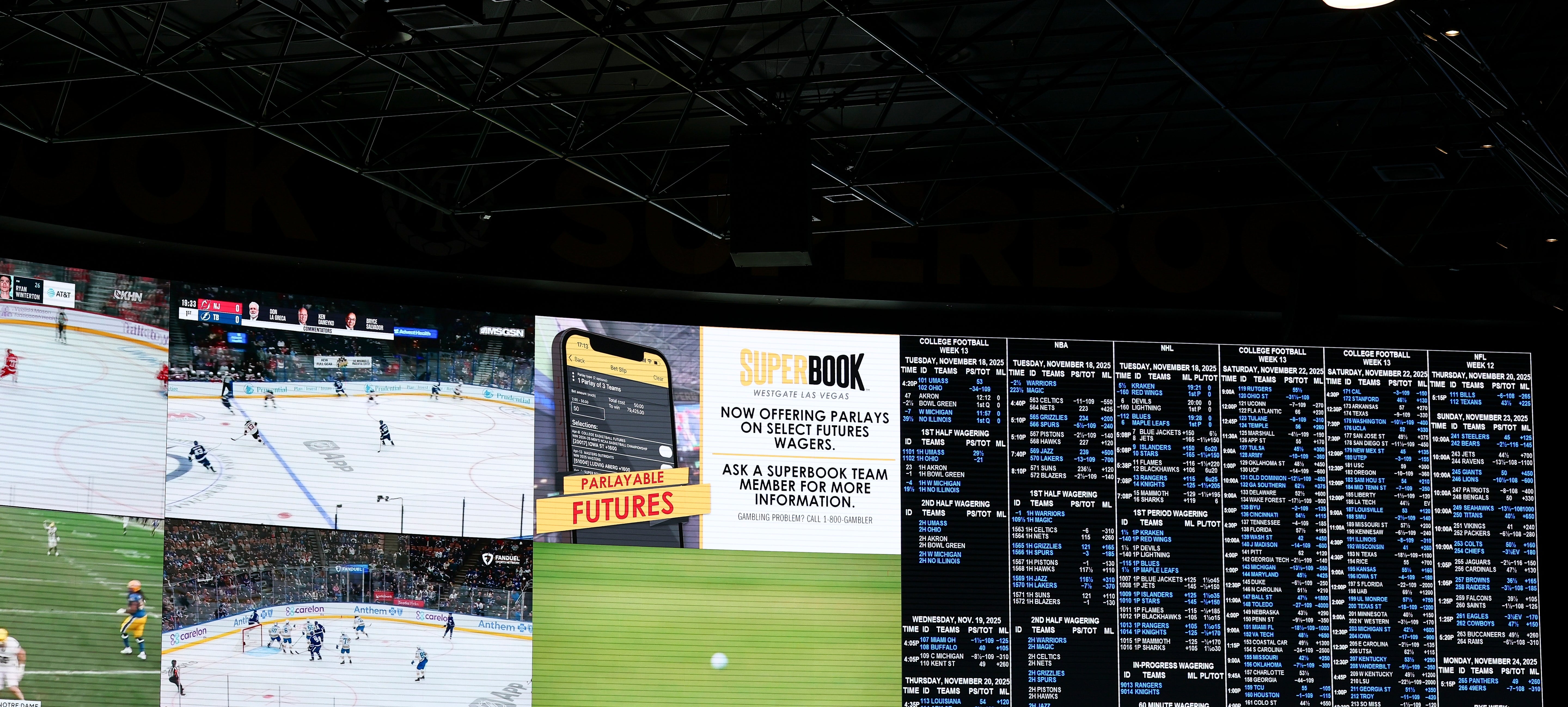 Sportsbetting-skjerm som viser flere live-spill og oddsinformasjon