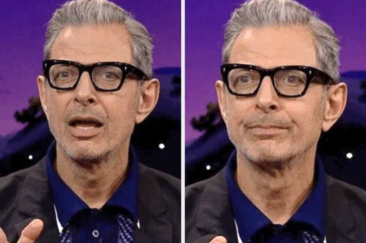 Person with glasses in two side-by-side close-up images, exhibiting different facial expressions while speaking and listening attentively