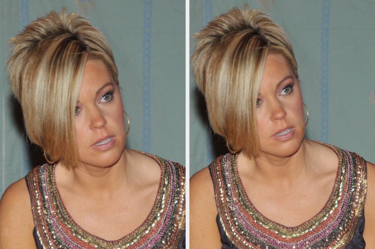 Person with short, styled hair wearing a sleeveless, embellished top, looking attentively to the side in two similar portraits