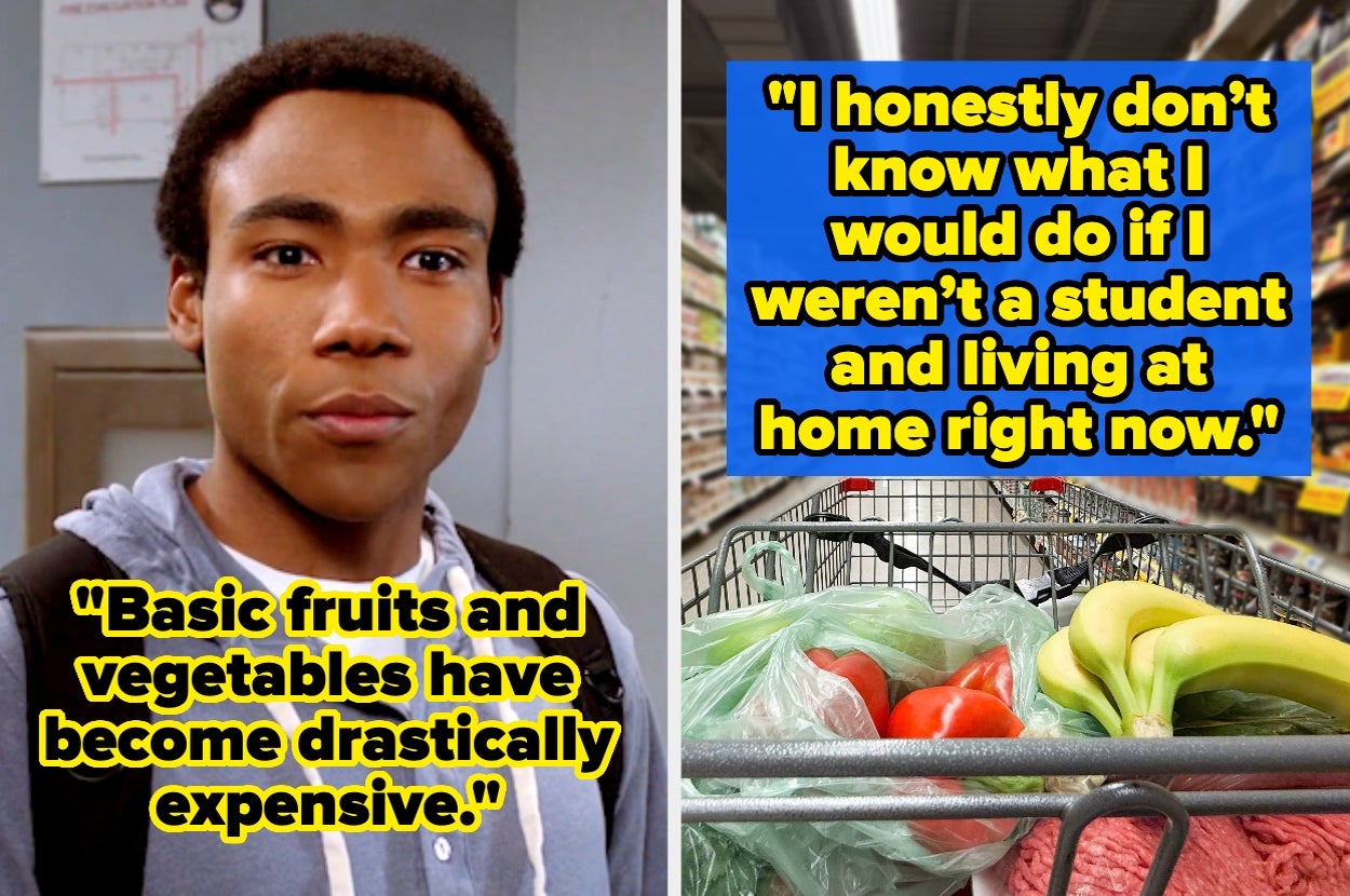 Split image: Left shows a person with text: "Basic fruits and vegetables have drastically expensive." Right shows a shopping cart with a quote about food costs