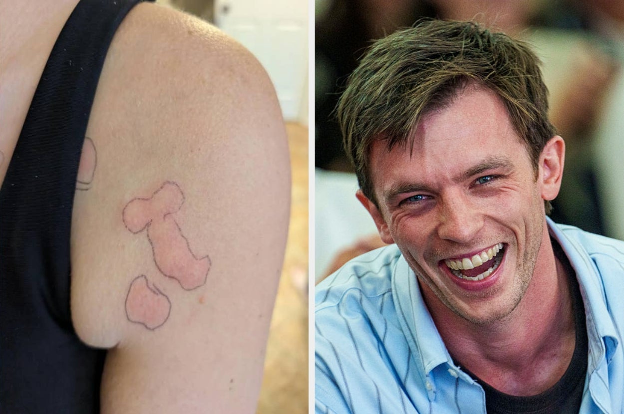 A person's arm shows a faint outline tattoo resembling poorly drawn shapes; beside it, a man in a shirt smiles broadly