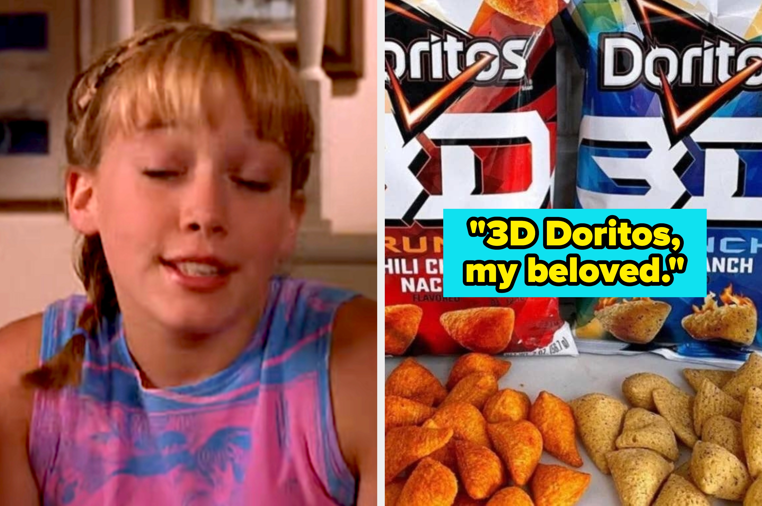 Person in a tie-dye top and 3D Doritos in various flavors with caption: "3D Doritos my beloved."
