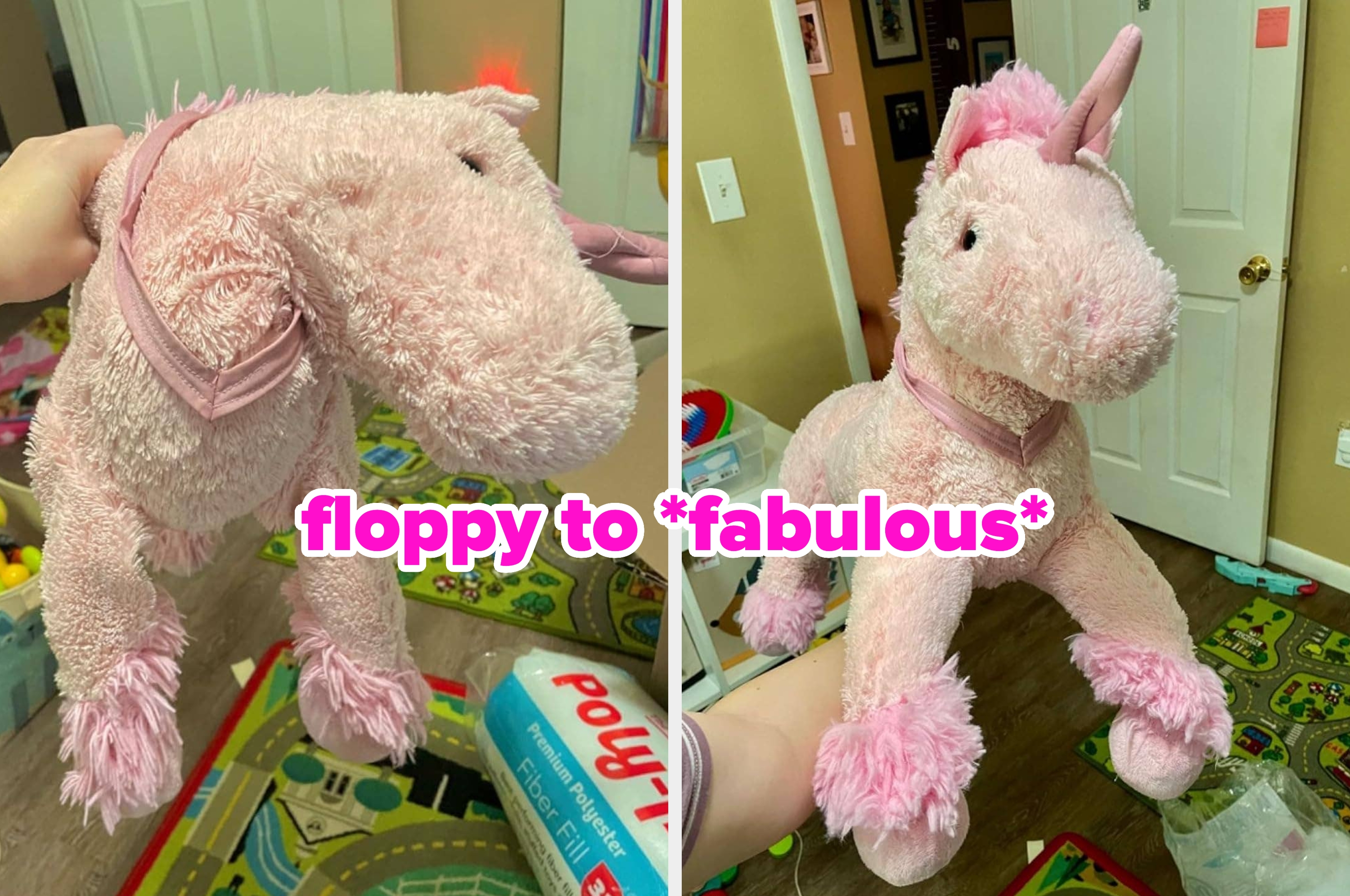 Pink unicorn plush toy with a horn and textured fur, held in a child's playroom setting. Suitable for gift shopping