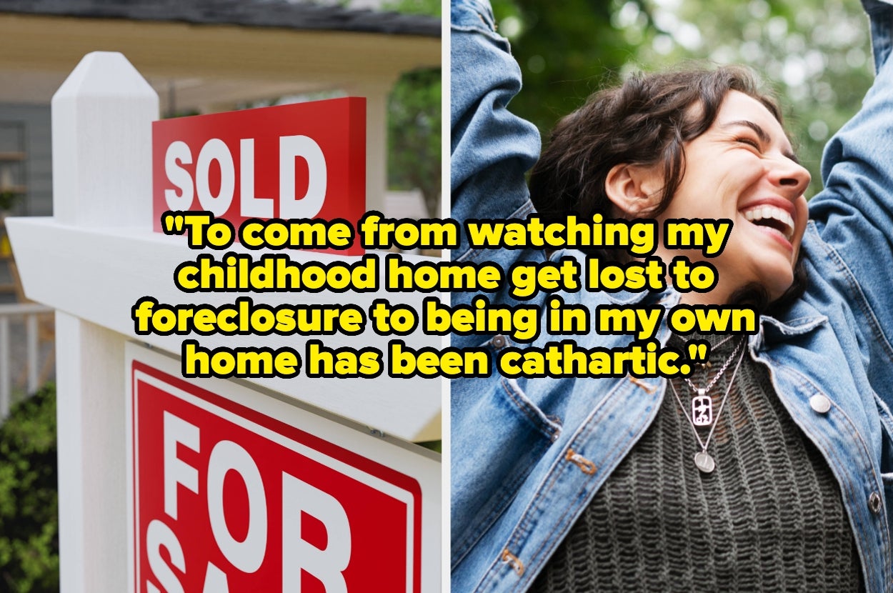 Split image of a "sold" sign and a woman smiling and throwing her arms in the air, text overlay: "To come from watching my childhood home get lost to foreclosure to being in my own home has been cathartic."