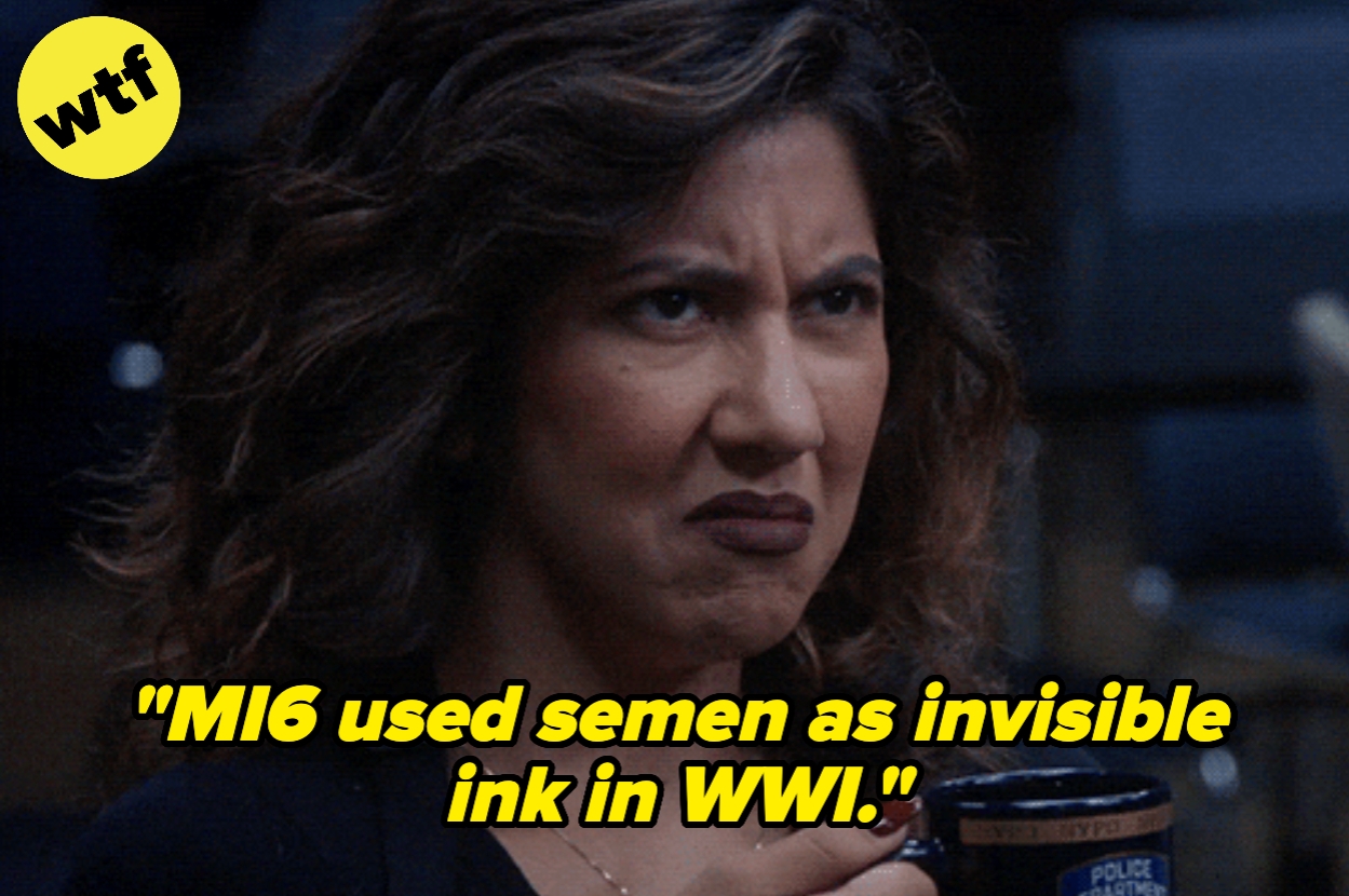 Woman with wavy hair looks skeptical while holding a cup. Text overlay: "MI6 used semen as invisible ink in WWI."