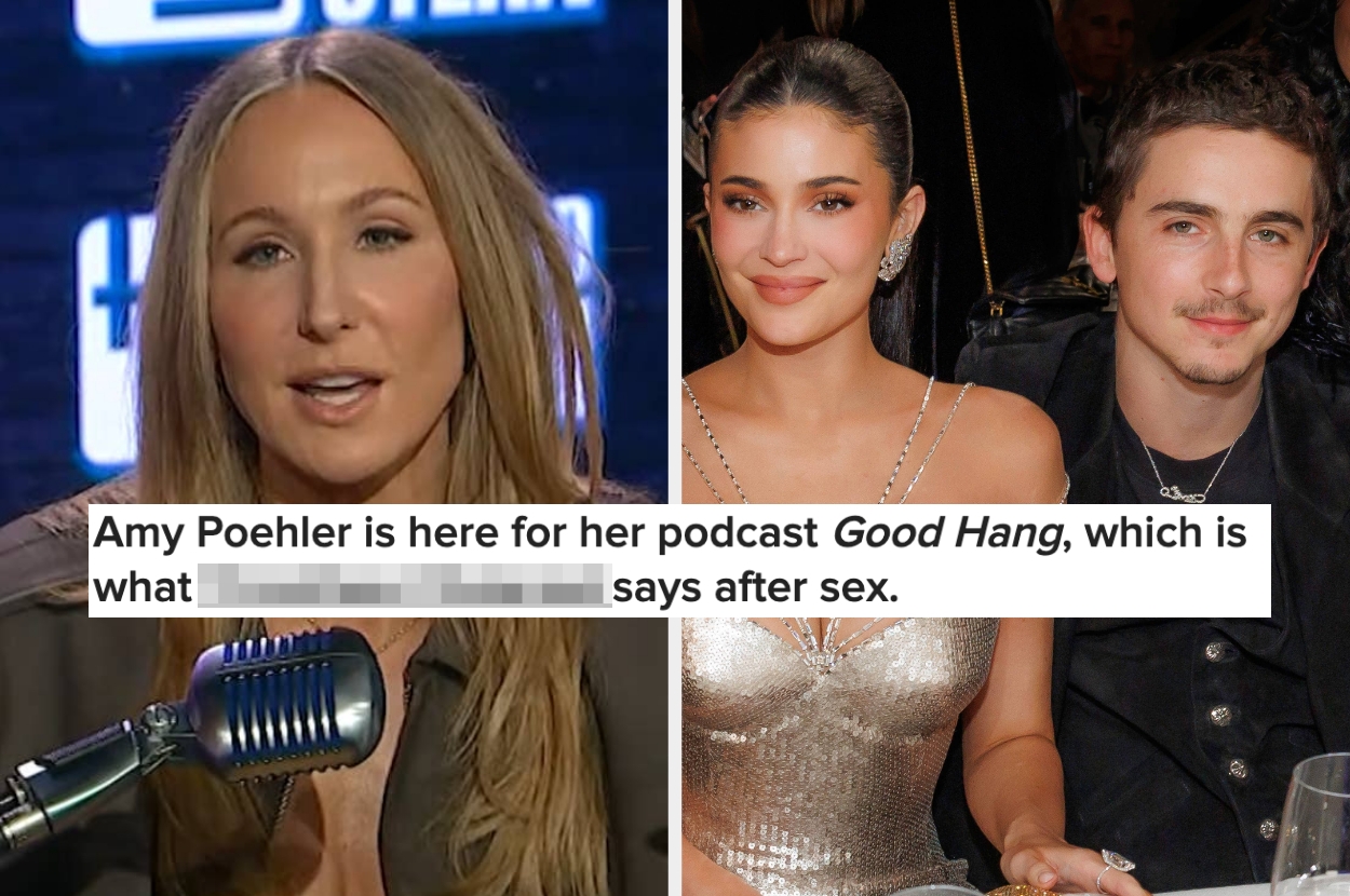 Comedian speaking into a microphone; right side shows a celebrity couple at an event. Caption involves a humorous take on a podcast by Amy Poehler