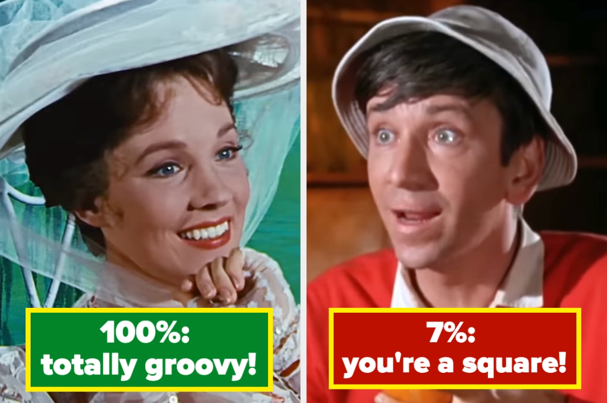 Split image of two scenes from a classic TV show. Left: Woman in vintage hat with "100%: totally groovy!" Right: Man in red shirt with "7%: you're a square!"
