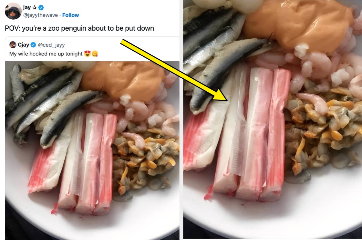 Tweet showing seafood platter with text: "POV: you’re a zoo penguin about to be put down." Features various seafood items