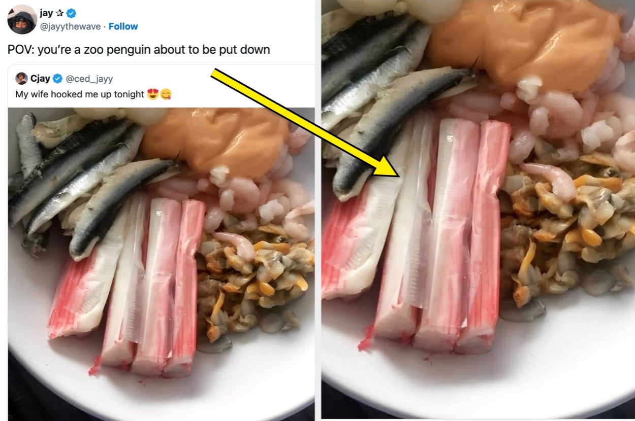 Tweet showing seafood platter with text: "POV: you’re a zoo penguin about to be put down." Features various seafood items