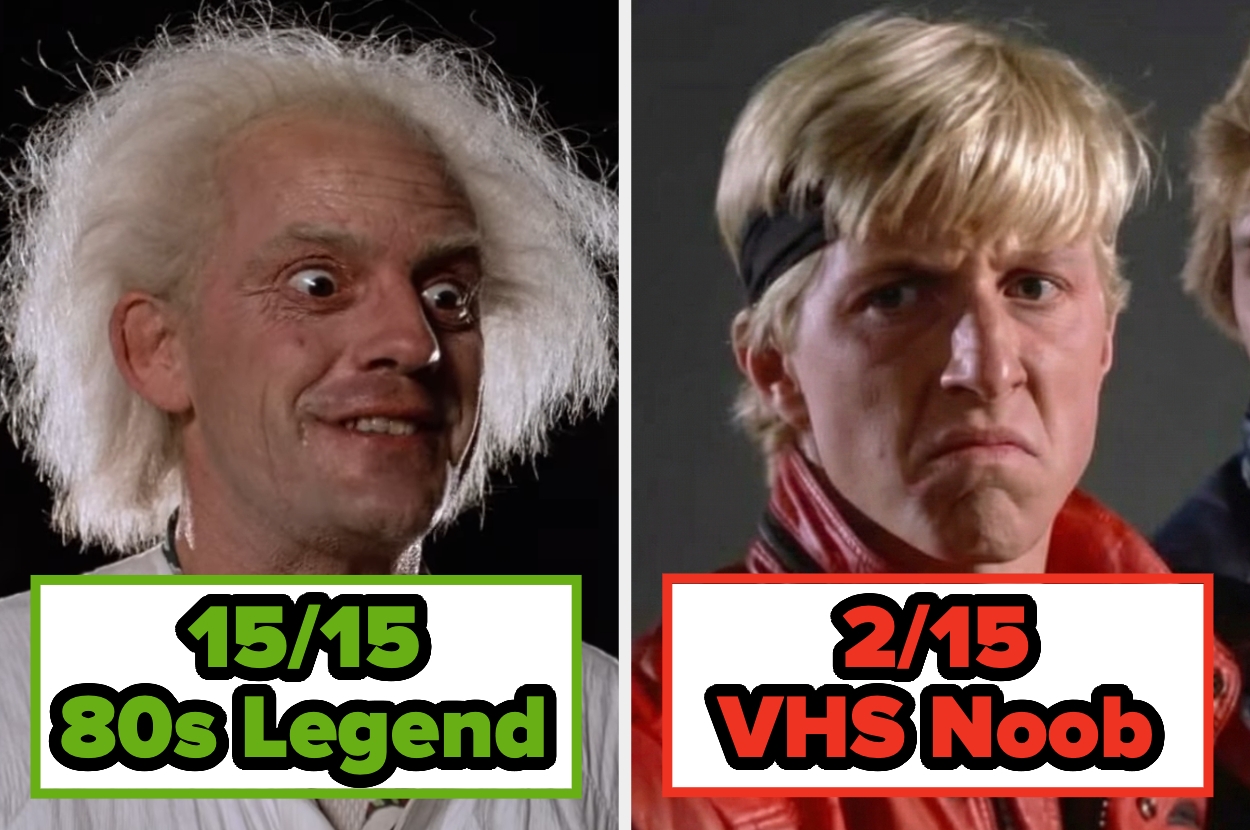 Split image of two characters: left, Doc Brown, wide-eyed with wild hair; right, Johnny Lawrence, frowning with a headband. Text: "15/15 80s Legend," "2/15 VHS Noob."