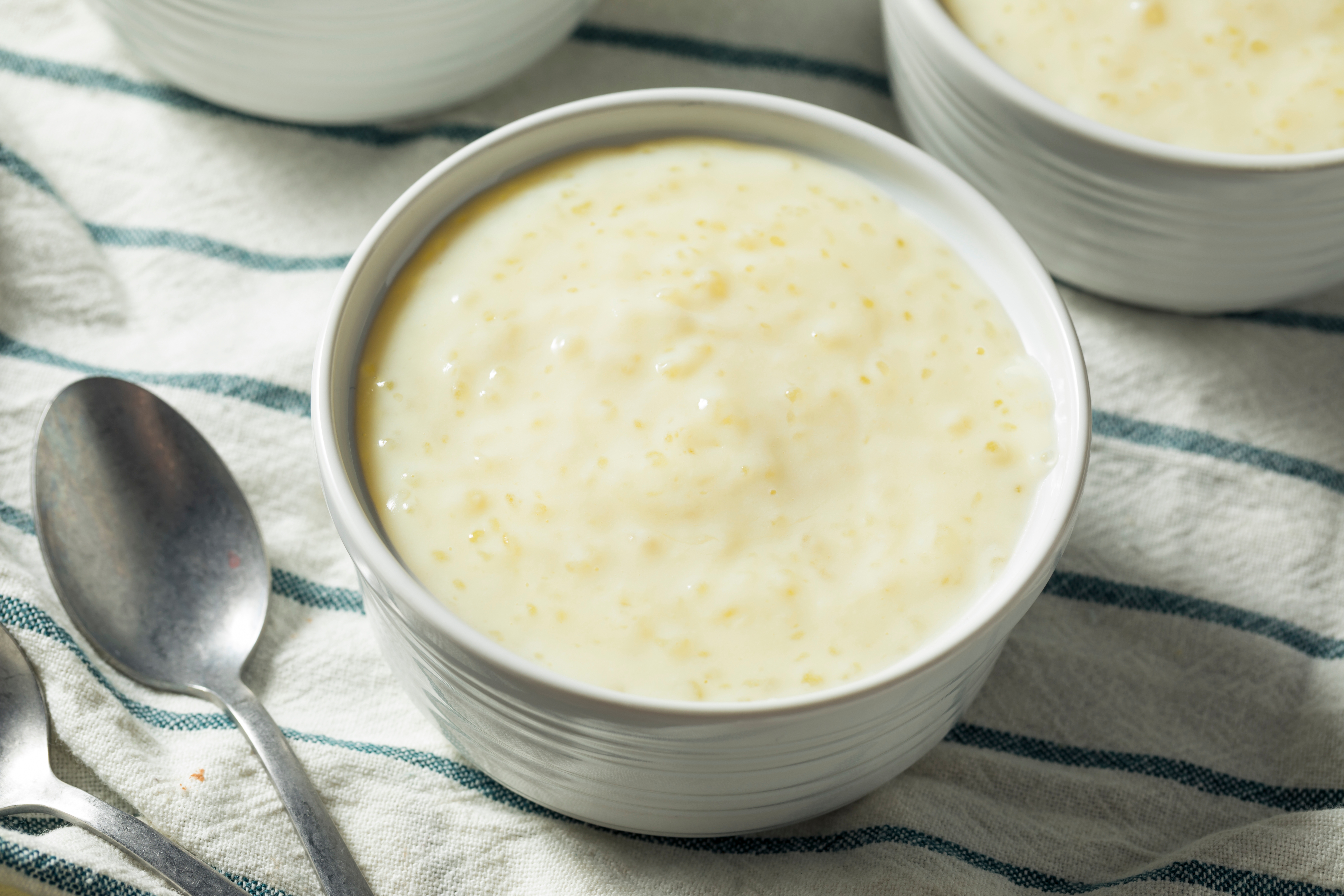 Creamy tapioca pudding in a white bowl on a striped cloth, next to two spoons