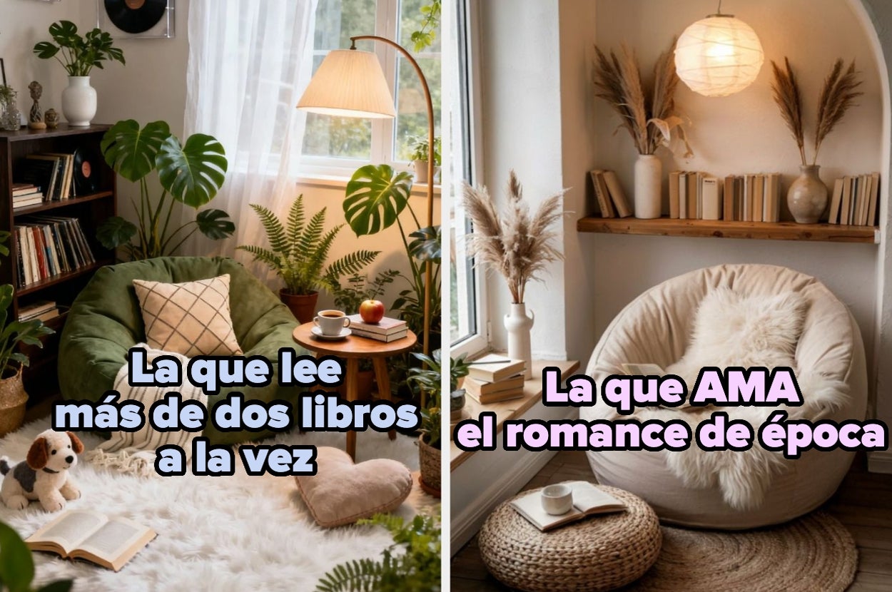 Cozy reading nooks; left: multiple books around plush seating, right: comfy chair with historical romance books, highlighting different reading styles