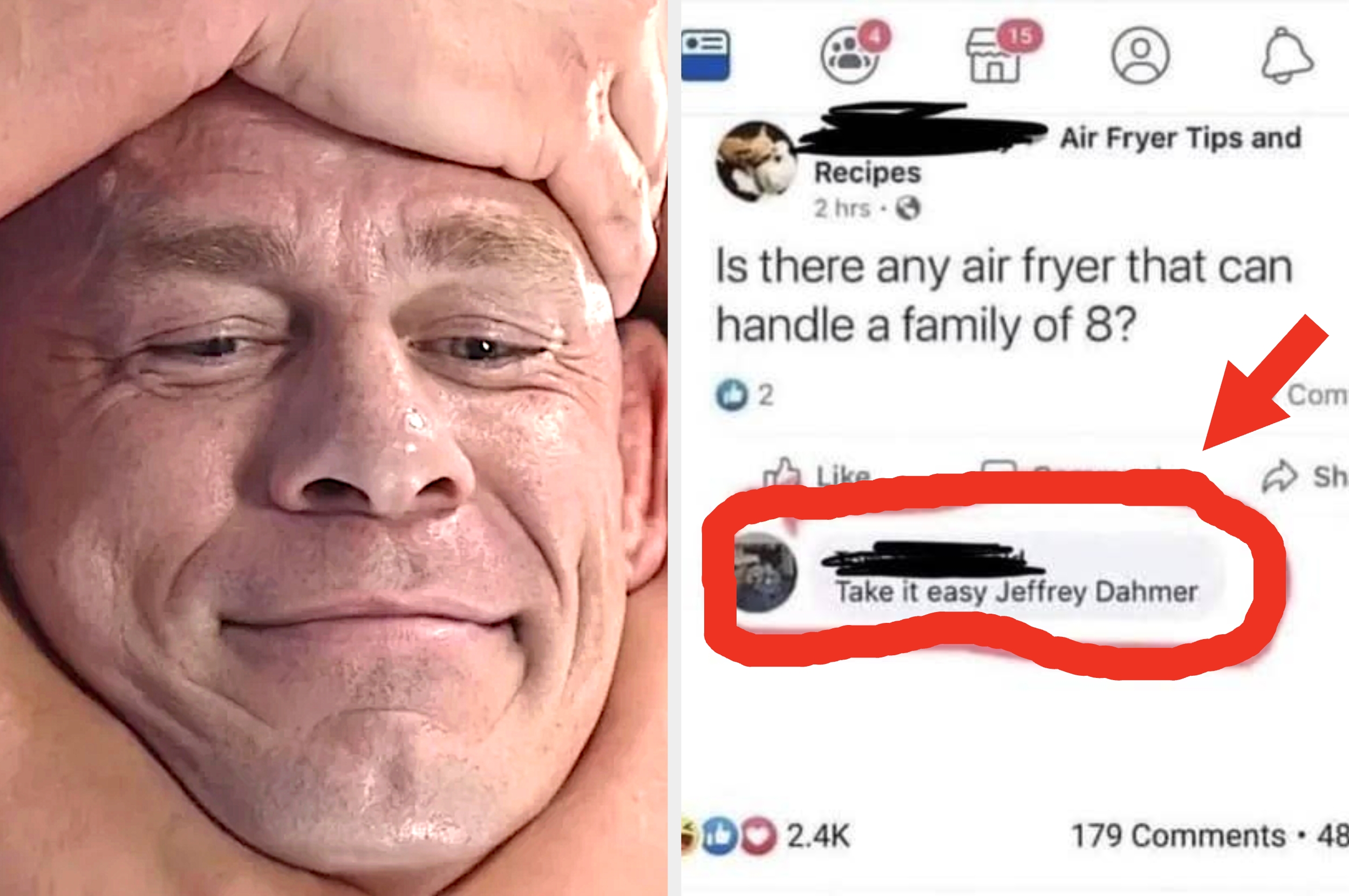 Close-up of a person smiling alongside a humorous social media post about air fryers and a comment referencing a notorious figure