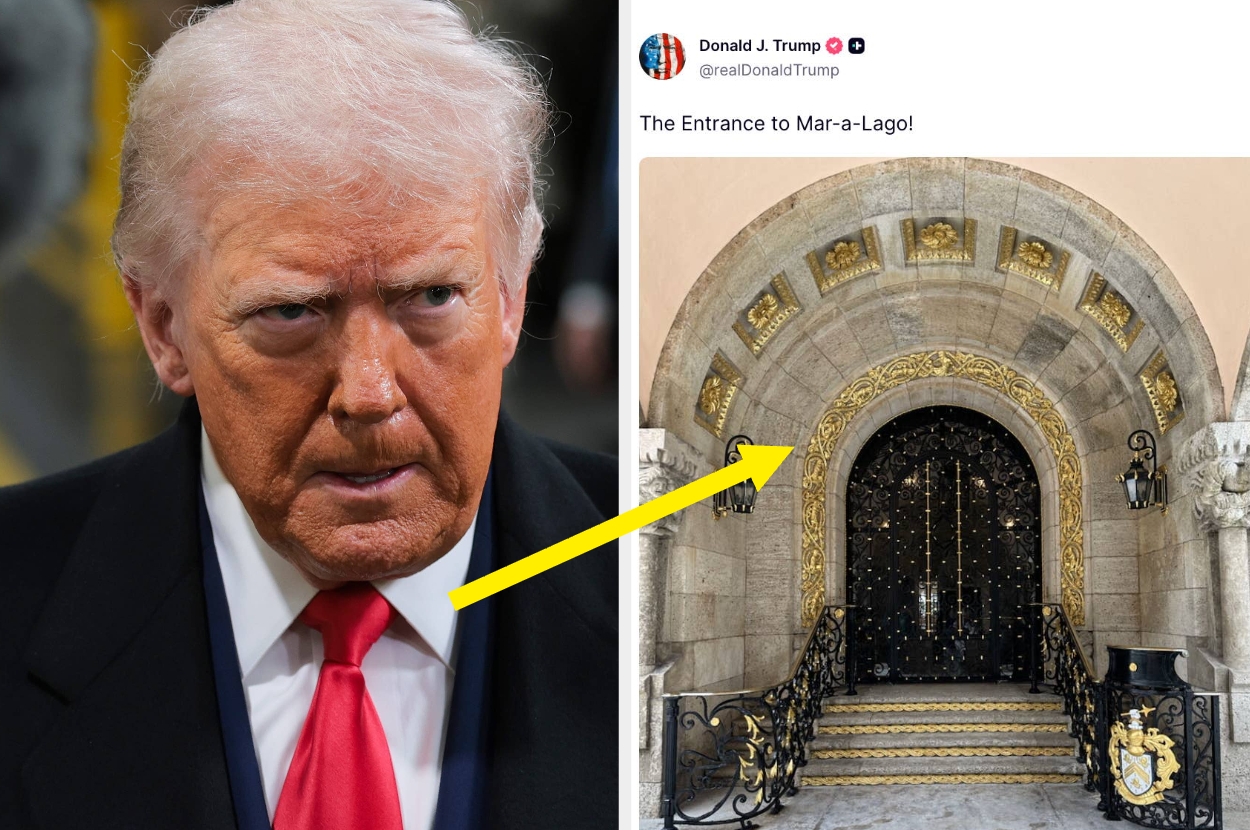 A man wearing a suit and red tie is beside an image of an ornate entrance with the caption, "The Entrance to Mar-a-Lago!" with an arrow pointing