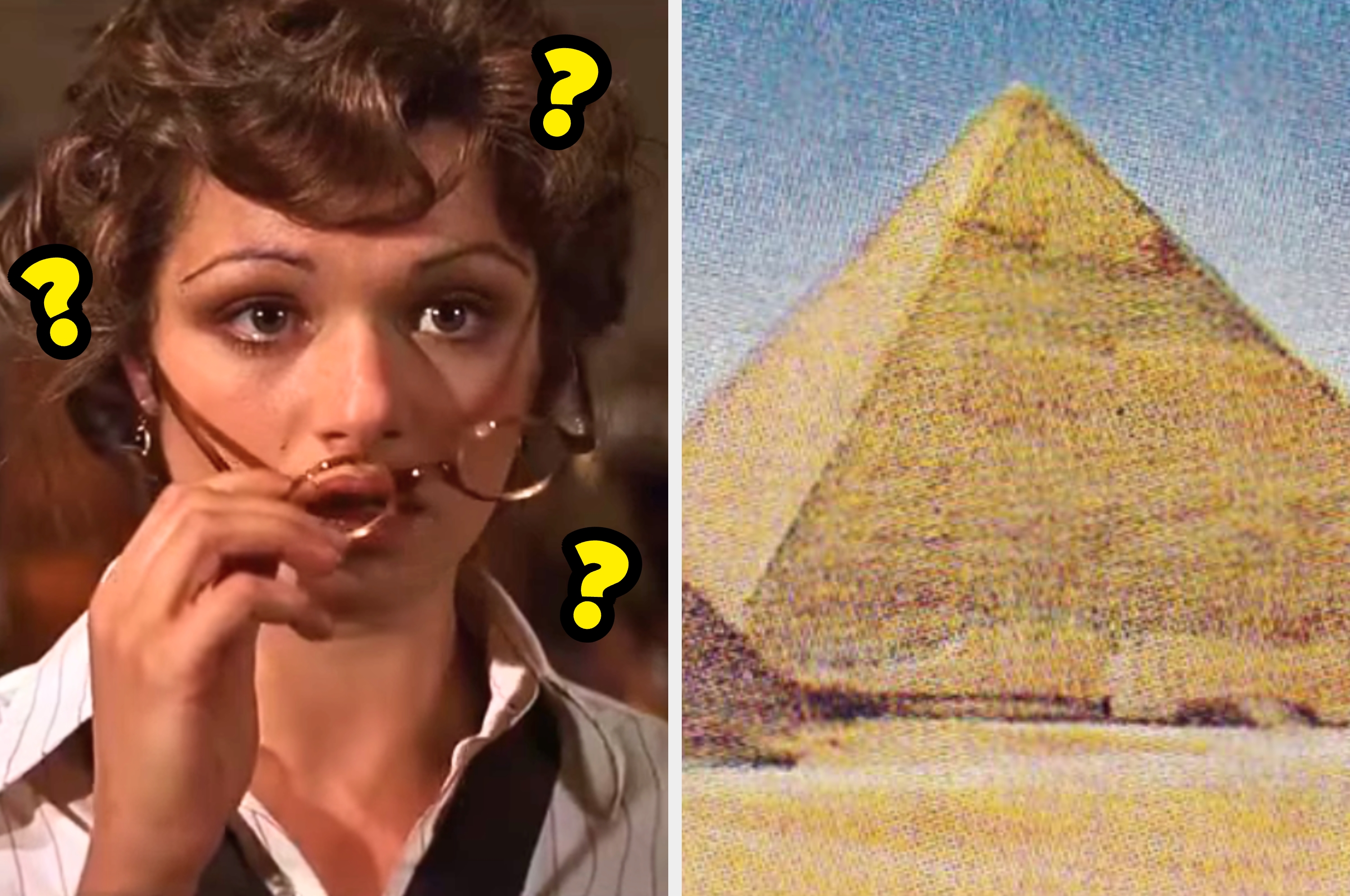 An intrigued person holds glasses while looking at a photo of the Great Pyramid of Giza