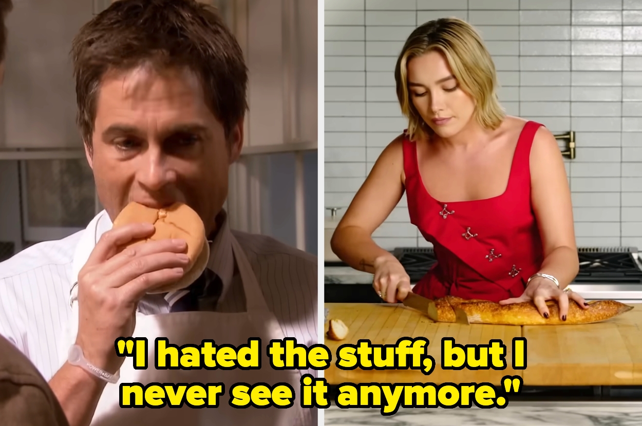 Split image: On the left, a man eats a burger; on the right, a woman in a sleeveless dress slices bread. Caption: "I hated the stuff, but I never see it anymore."