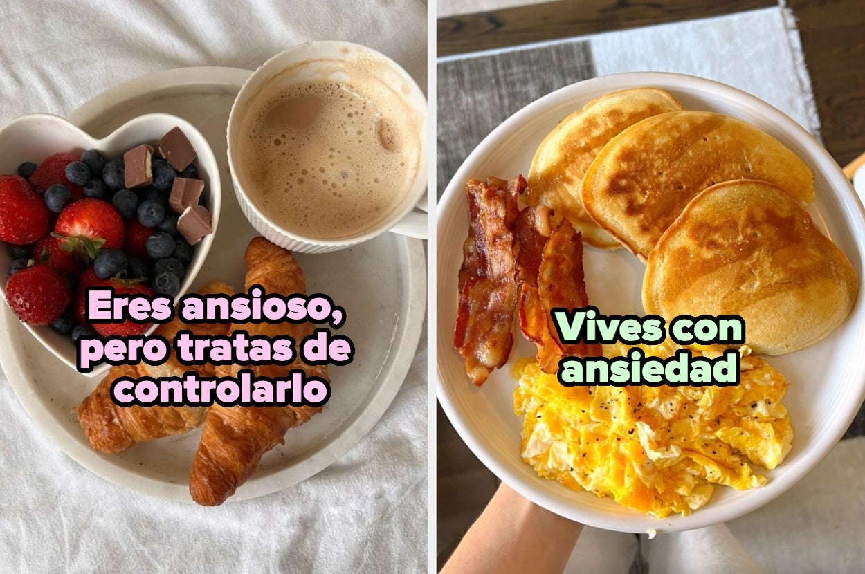 A breakfast plate with fruit, croissants, and coffee; second plate with pancakes, eggs, and bacon. Text: "Eres ansioso, pero tratas de controlarlo. Vives con ansiedad."