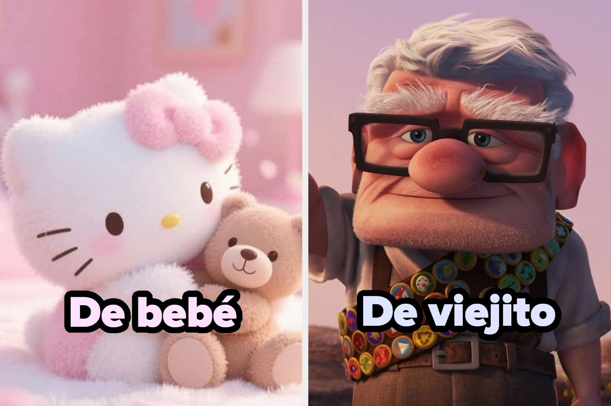 Hello Kitty abrazando un oso de peluche, junto a un personaje animado mayor con gafas y muchas insignias. Texto: "De bebé" y "De viejito"