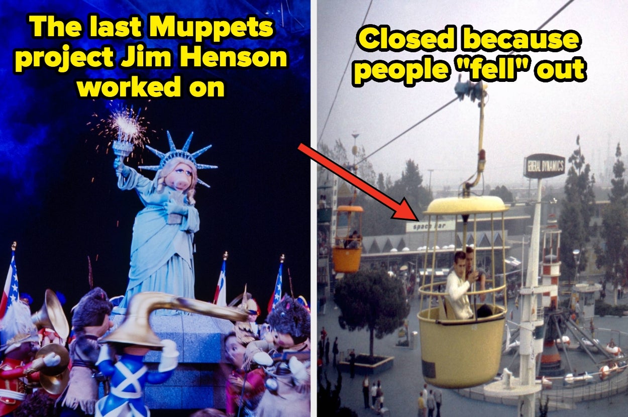 Left: Muppets with Statue of Liberty; Henson's last project. Right: Historical image of people on a skyride, captioned about closure due to "falling."
