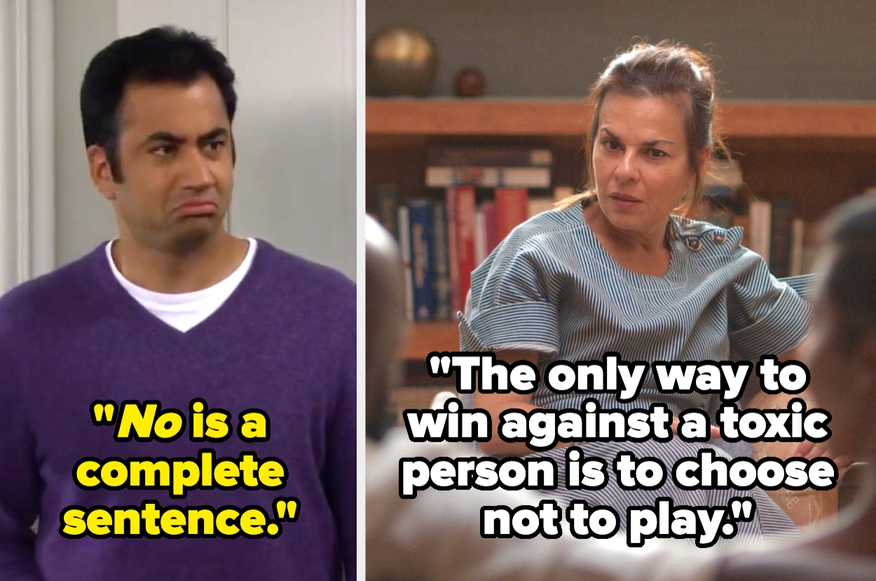 Two people, each beside highlighted quotes. Left: "No is a complete sentence." Right: "The only way to win against a toxic person is to choose not to play."