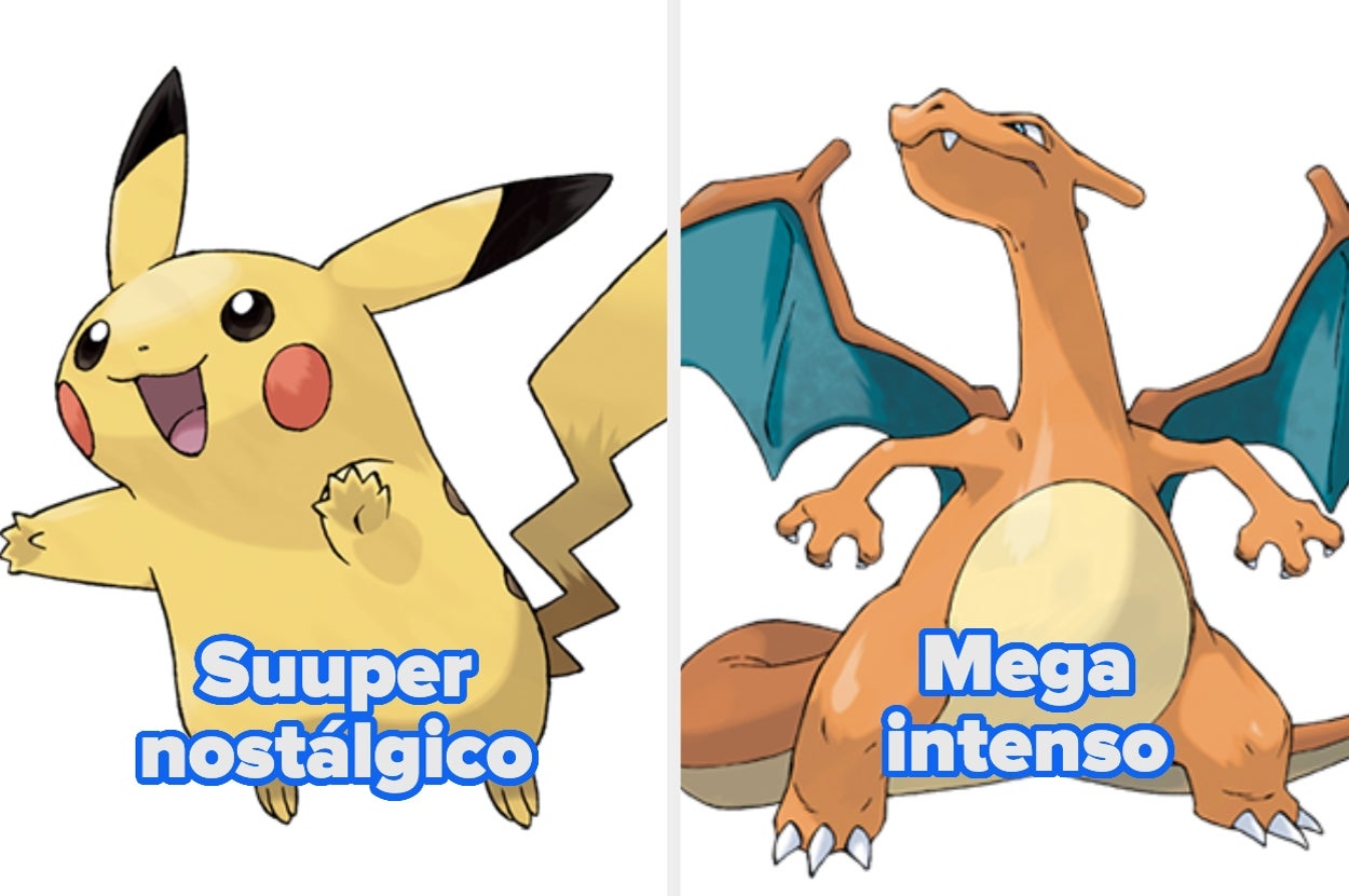 Pikachu labeled "Super nostálgico" on the left; Charizard labeled "Mega intenso" on the right. Both are well-known Pokémon characters