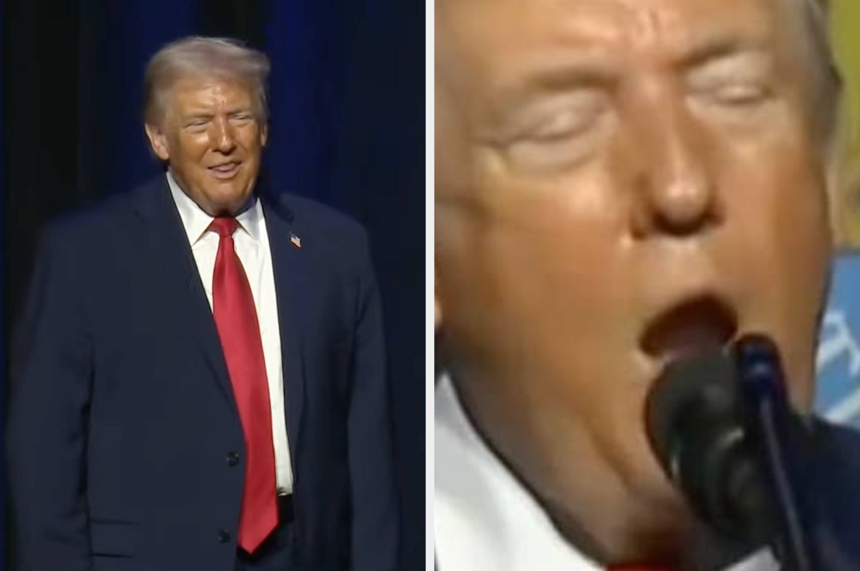 Two side-by-side images of a man in a suit speaking into a microphone, with a close-up on the right showing an expressive moment