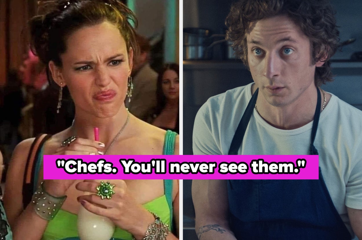 A meme split image: one side shows a woman drinking from a straw, looking skeptical; the other side shows a man in a casual shirt and apron, looking serious