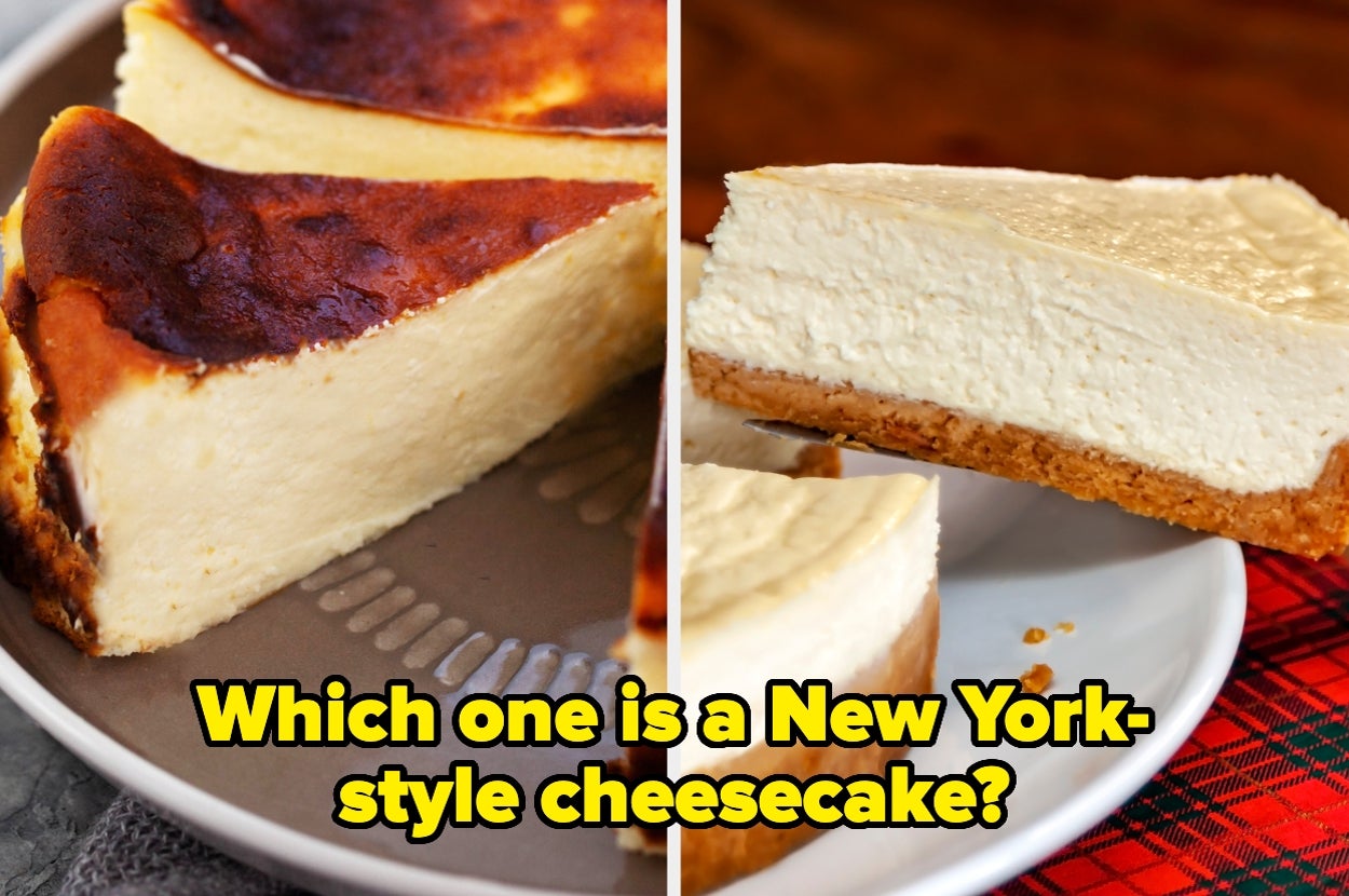 Two slices of cheesecake: one with a browned top and dense texture, the other with a smoother, lighter appearance. Text asks which is New York-style