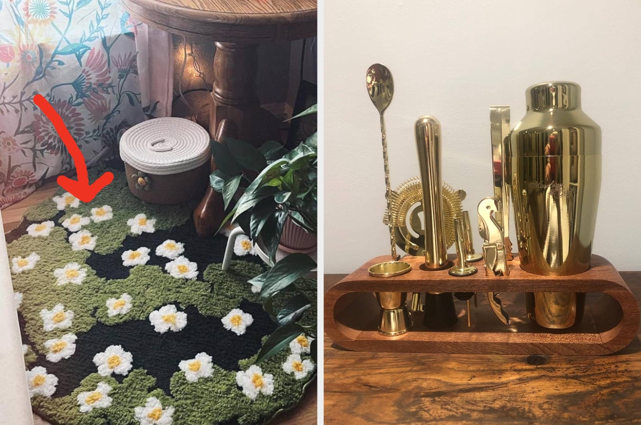 Two side-by-side images: left shows a daisy-patterned rug; right shows a gold bar set with shaker and tools on a wooden base