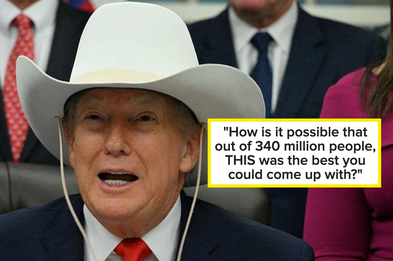 Person in a cowboy hat speaks at a conference table. A text box next to them reads: "How is it possible that out of 340 million people, THIS was the best you could come up with?"