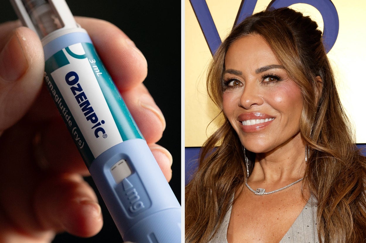 A man sitting and smiling on a talk show alongside boxes of medication labeled Ozempic and Wegovy, related to a health or weight loss discussion