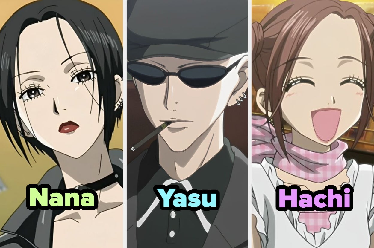 Tres personajes de anime: uno con cabello corto y negro, otro con gafas y cigarrillo, y una sonriendo con bufanda y moño. Nombres: Nana, Yasu, Hachi