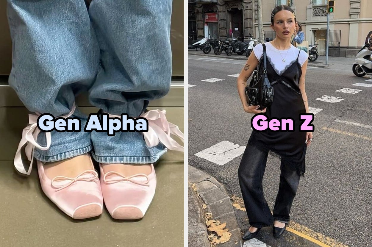 Left: Close-up of ballet flats worn with jeans. Right: Person in layered outfit with dress over T-shirt and jeans, standing on street corner