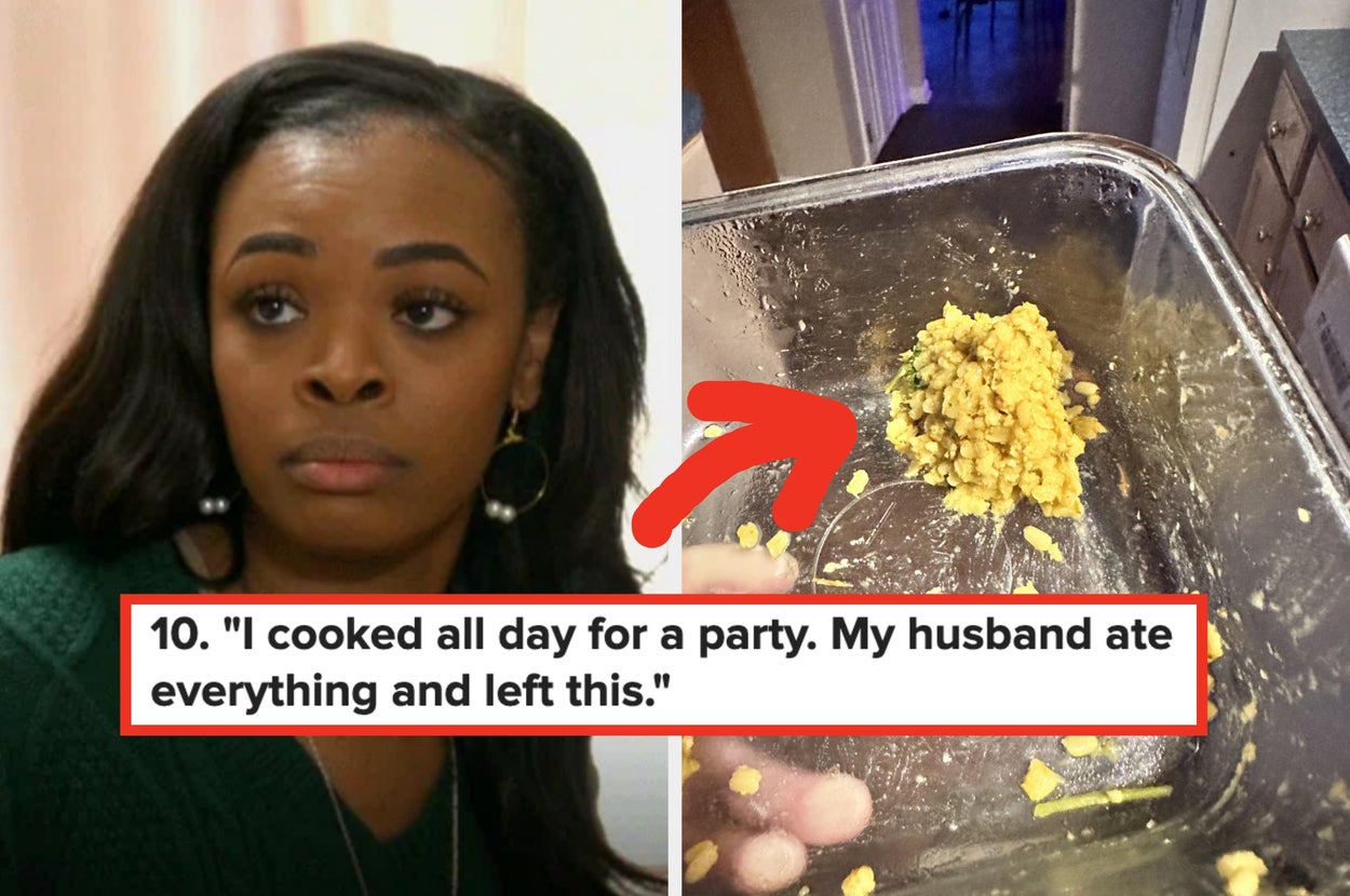 Woman looks displeased; adjacent is a nearly empty dish with food remnants; text: "I cooked all day for a party; My husband ate everything and left this"